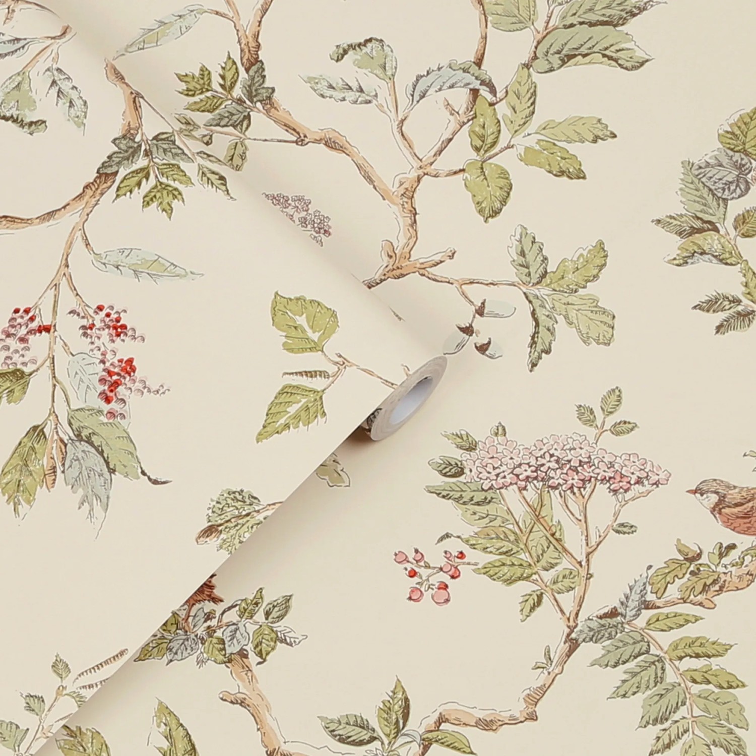 Laura Ashley Vliestapete Elderwood Natural mit Blüten, Beeren und Vögeln.
