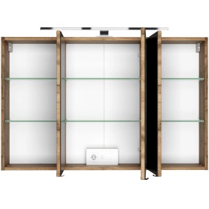 Held Möbel 3D-Spiegelschrank Bari 100 cm in Wotaneiche mit LED-Leuchte und Glasböden.