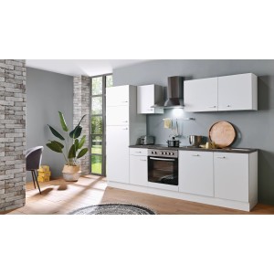 Moderne, weiße Menke Küchenzeile White Classic 270 cm mit Elektrogeräten und Arbeitsplatte in Marmoroptik.