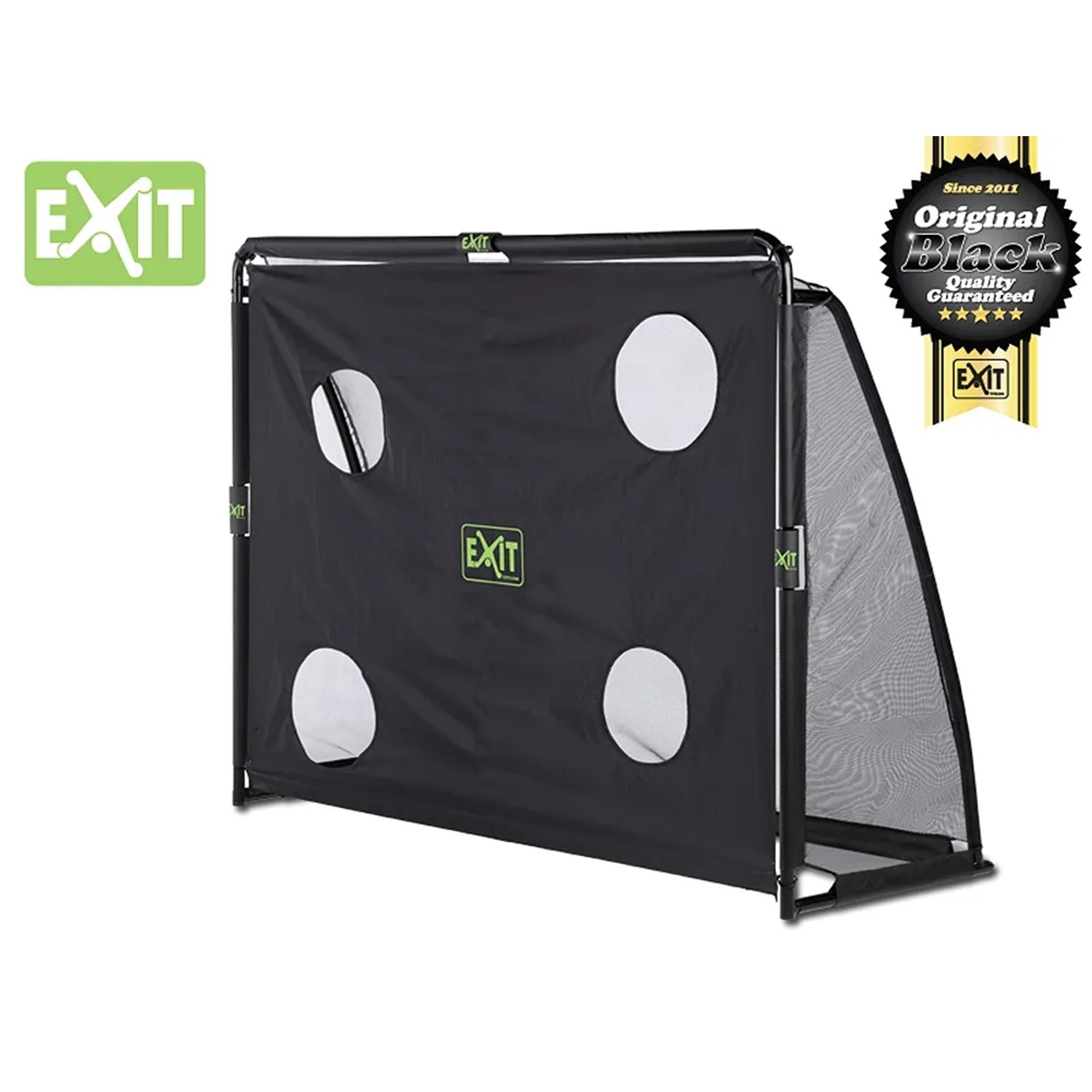Schwarzes EXIT Coppa Fußballtor aus Stahl, 220x170cm, mit Trainingswand für präzises Schusstraining.