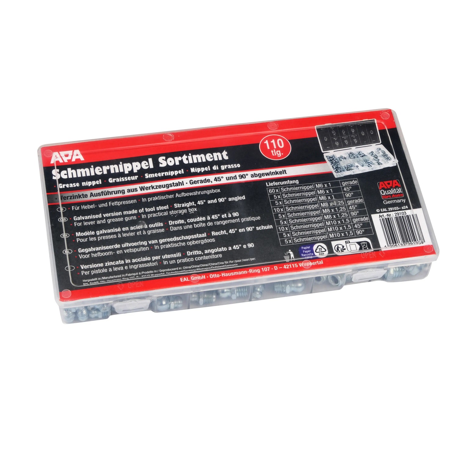 110-teiliges Schmiernippel-Sortiment M6/M8/M10 – 45°/90°/180° In Aufbewahrungsbox, Für 110-teiliges Schmiernippel-Sortiment M6/M8/M10 – 45°/90°/180° In Aufbewahrungsbox, Für