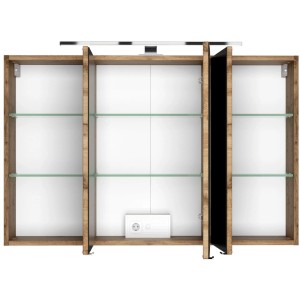Held Möbel 3D-Spiegelschrank Verona 100 cm in Wotaneiche mit LED-Leuchte und Glasböden.