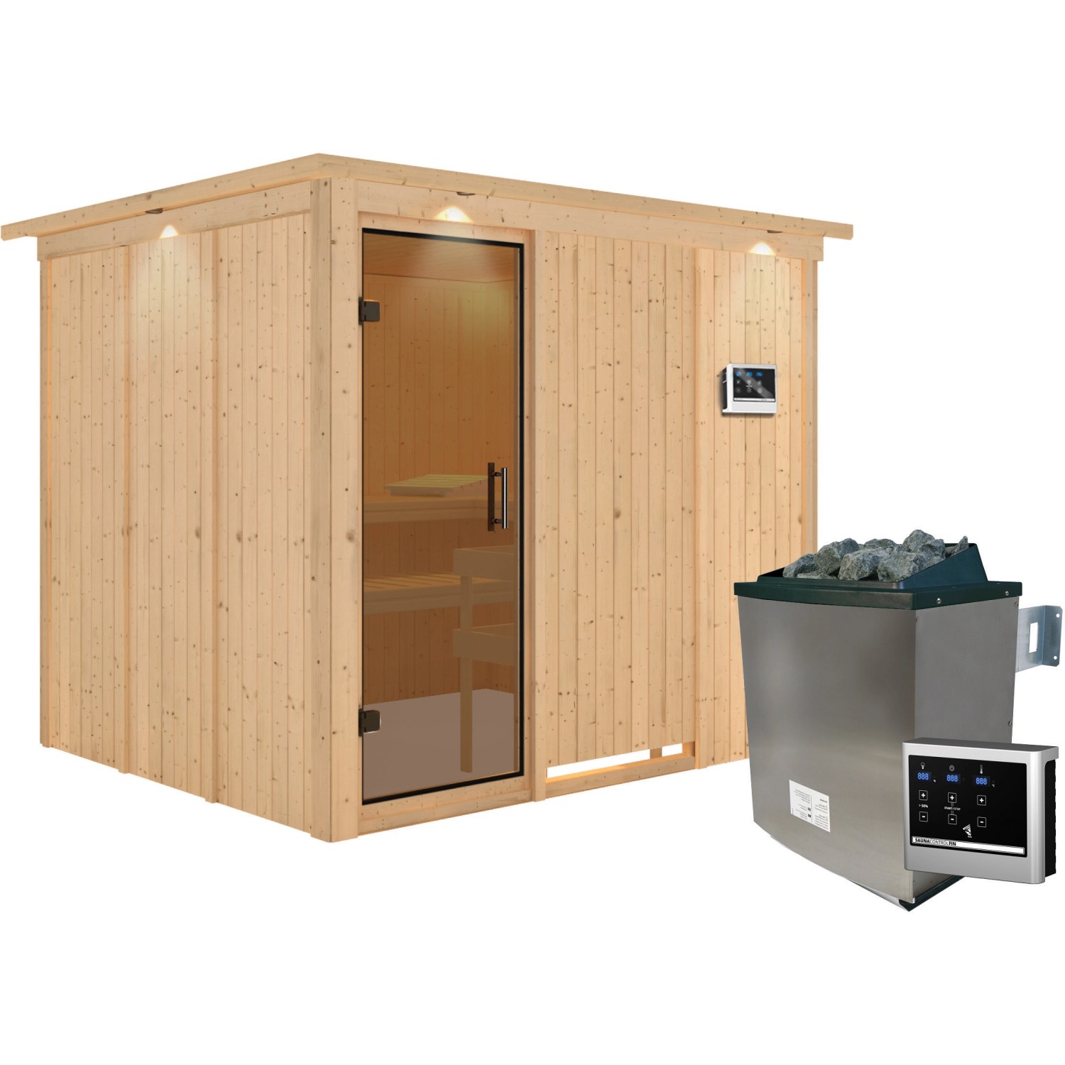 Karibu Sauna Gunda mit Ofen, externer Steuerung und LED-Dachkranz in Graphit Natur.