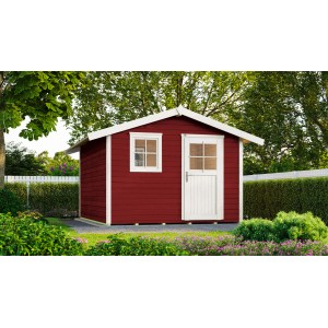Schwedenrotes Gartenhaus 123 mit Satteldach, Holztür und Fenster im Garten.