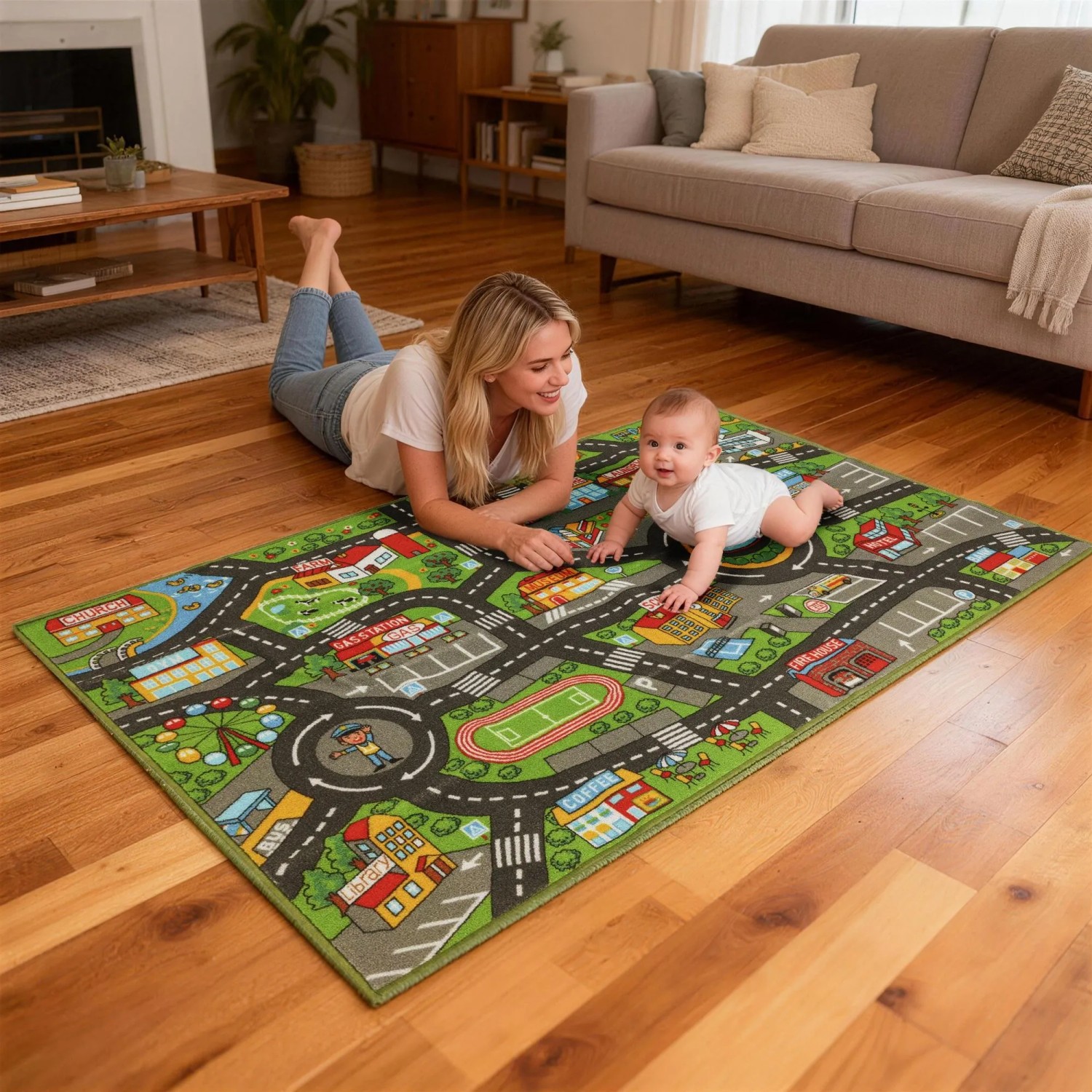 AIYAPLAY Spielmatte 160x100 cm mit Stadtplan-Design. Baby und Frau spielen auf der bunten Kunstfaser-Fußmatte.