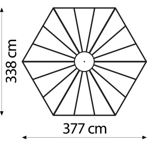 Grundriss Vitavia Circus 9000 Vogelvoliere: Sechseck mit Maßen 383,3 cm x 336 cm x 283,7 cm.