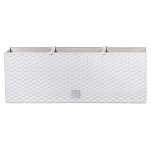 Weißer Prosperplast Balkonkasten Rato Case (72 l) im Rattan-Design.