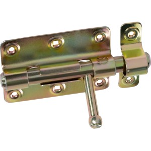 Gelb verzinkter Grendelriegel, 100x70mm, zur Sicherung von Möbeltüren, geeignet für den Außenbereich.