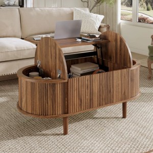 okwish Couchtisch mit Stauraum Verstellbar Holzbeine Wohnzimmer 100x48x53 cm Braun