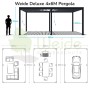 Technische Zeichnung der Weide Deluxe Pergola 4x6m mit Maßen und Nutzungsideen für Terrasse. Verstellbares Lamellendach.
