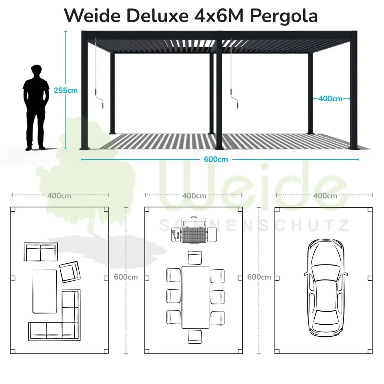 Technische Zeichnung der Weide Deluxe Pergola 4x6m mit Maßen und Nutzungsideen für Terrasse. Verstellbares Lamellendach.