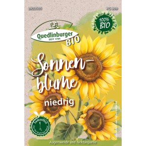 Packung Quedlinburger Bio-Sonnenblume Niedrig Gelb, gelbe Blüten auf der Verpackung.