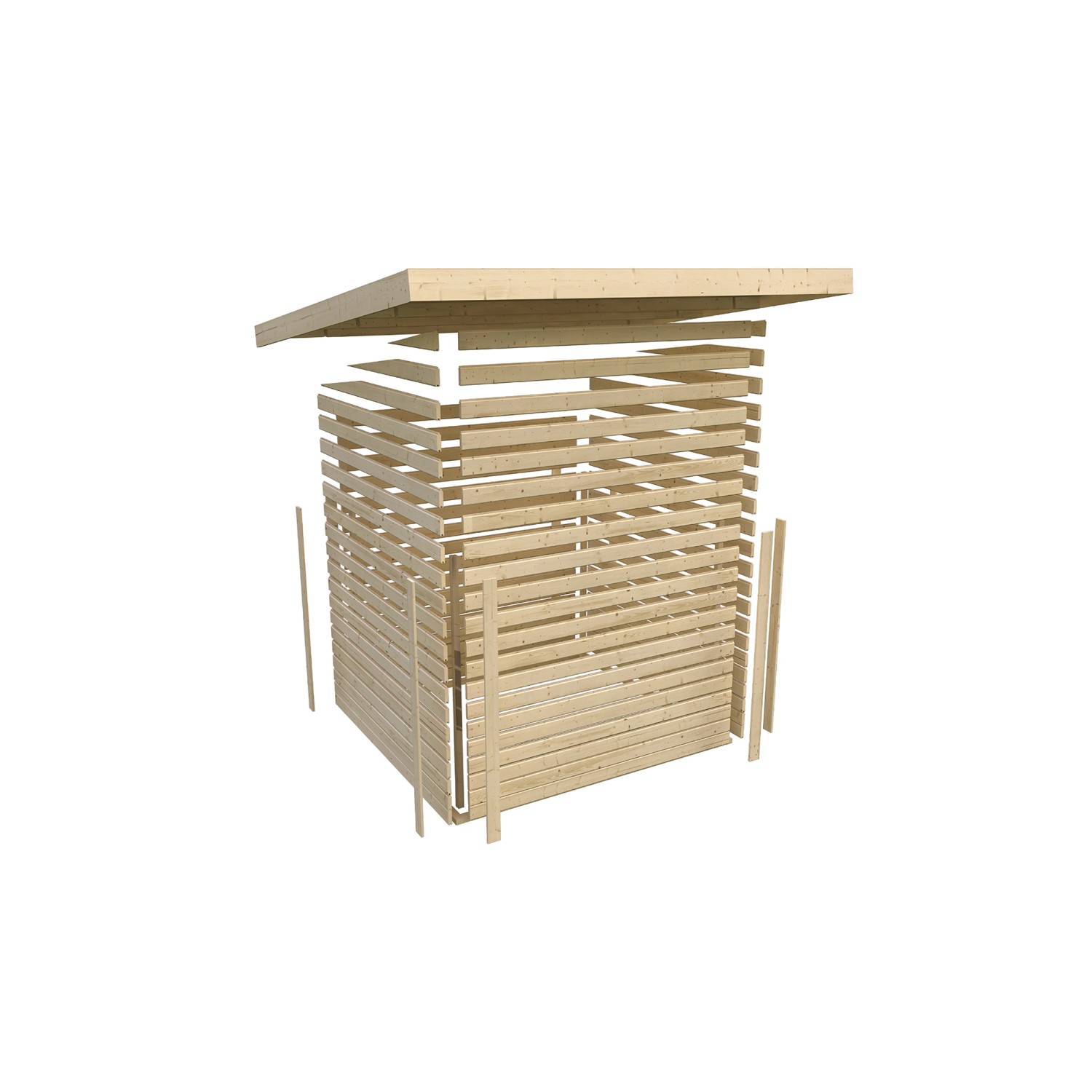 Karibu Gartenhaus Nürnberg Terragrau, Holzbausatz mit Brettern und Dach, noch nicht montiert.