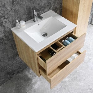 Sanotechnik Einzelwaschtisch Corbo 60 cm, braun matt, mit zwei offenen Schubladen und weißem Waschbecken.