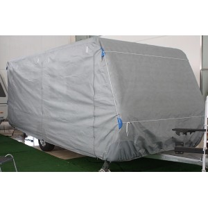 Graue Wohnwagen Abdeckhaube Größe XXL von Garden Pleasure schützt vor Witterung und Schmutz.