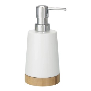 Wenko Seifenspender Bamboo, weiße Keramik mit Bambusfuß und Chrompumpe.