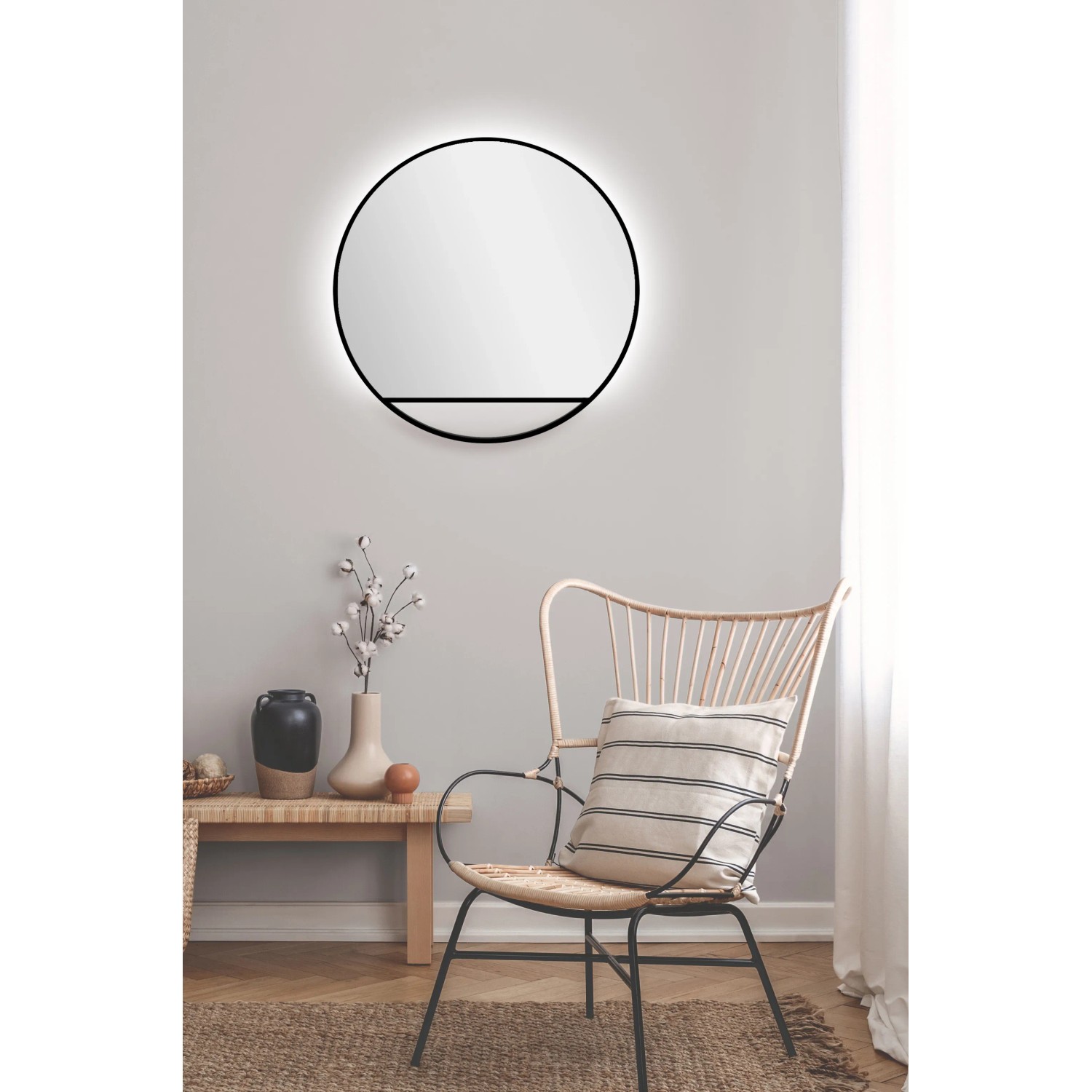 Runder DSK Design LED-Lichtspiegel Silver Cosmos, Ø 60 cm, Schwarz Matt mit umlaufendem Licht.