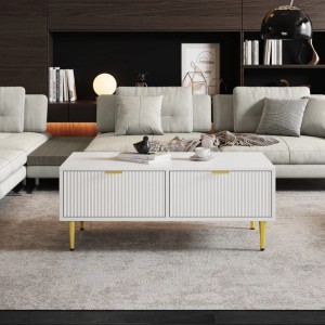 Merax Couchtisch Weiß mit 2 Schubladen Goldene Akzente Rillenoptik Wohnzimmertisch