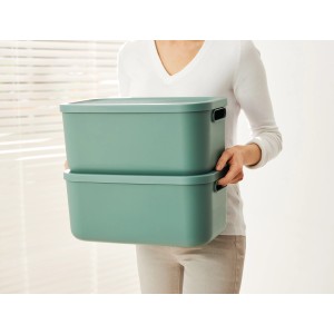 Zwei Rotho Albula Aufbewahrungsboxen (12 l) in Mistletoe Green gestapelt.