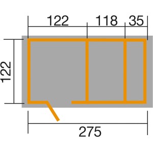 Grundriss des Weka Spielhaus Drachenhöhle Tabaluga mit Maßangaben.