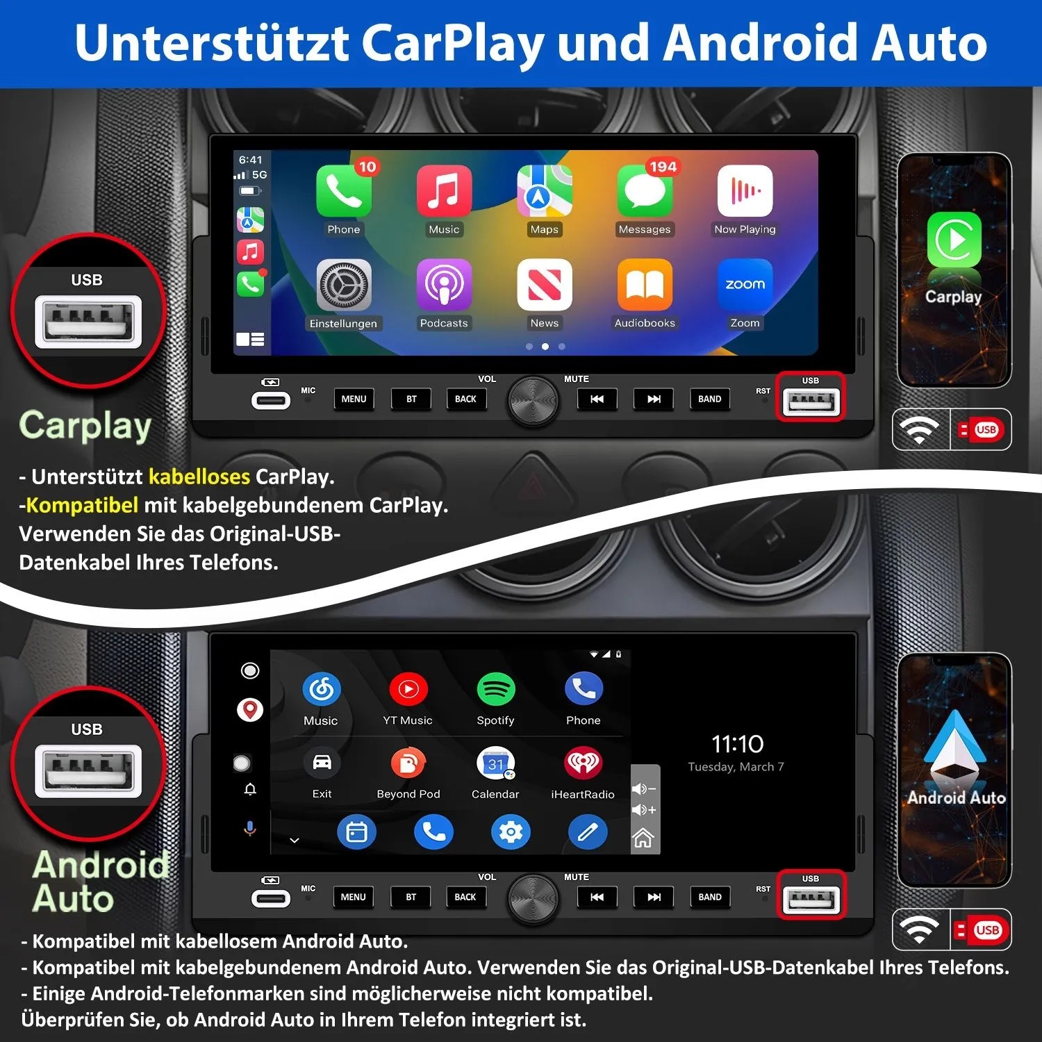 Junsun 7 Zoll Autoradio Display im Auto, zeigt CarPlay und Android Auto Oberflächen mit App-Icons und USB-Anschluss.