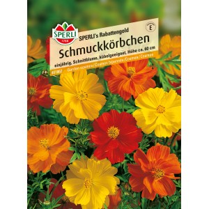 Samenpackung Sperli Schmuckkörbchen Rabattengold Mischung mit gelben, orangen und roten Blüten.