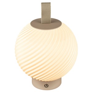 Dimmbare Brilo Akku-Tischleuchte Globe in Beige mit Touchfunktion und geriffelter Optik.