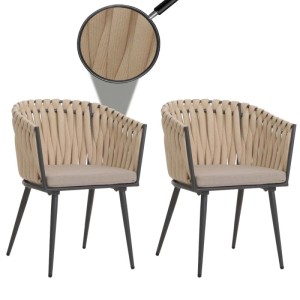 2er-Set MCW Gartenstühle N38, creme, mit hellbraunem Seilgeflecht und Kissen.