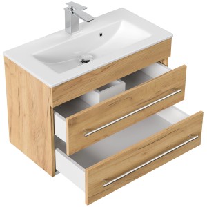 Posseik Badmöbel Portus 700 SlimLine Eiche Gold mit Waschbecken und zwei offenen Schubladen.