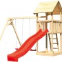 Karibu Spielturm Lotti mit roter Rutsche und Doppelschaukel aus naturbelassenem Holz.