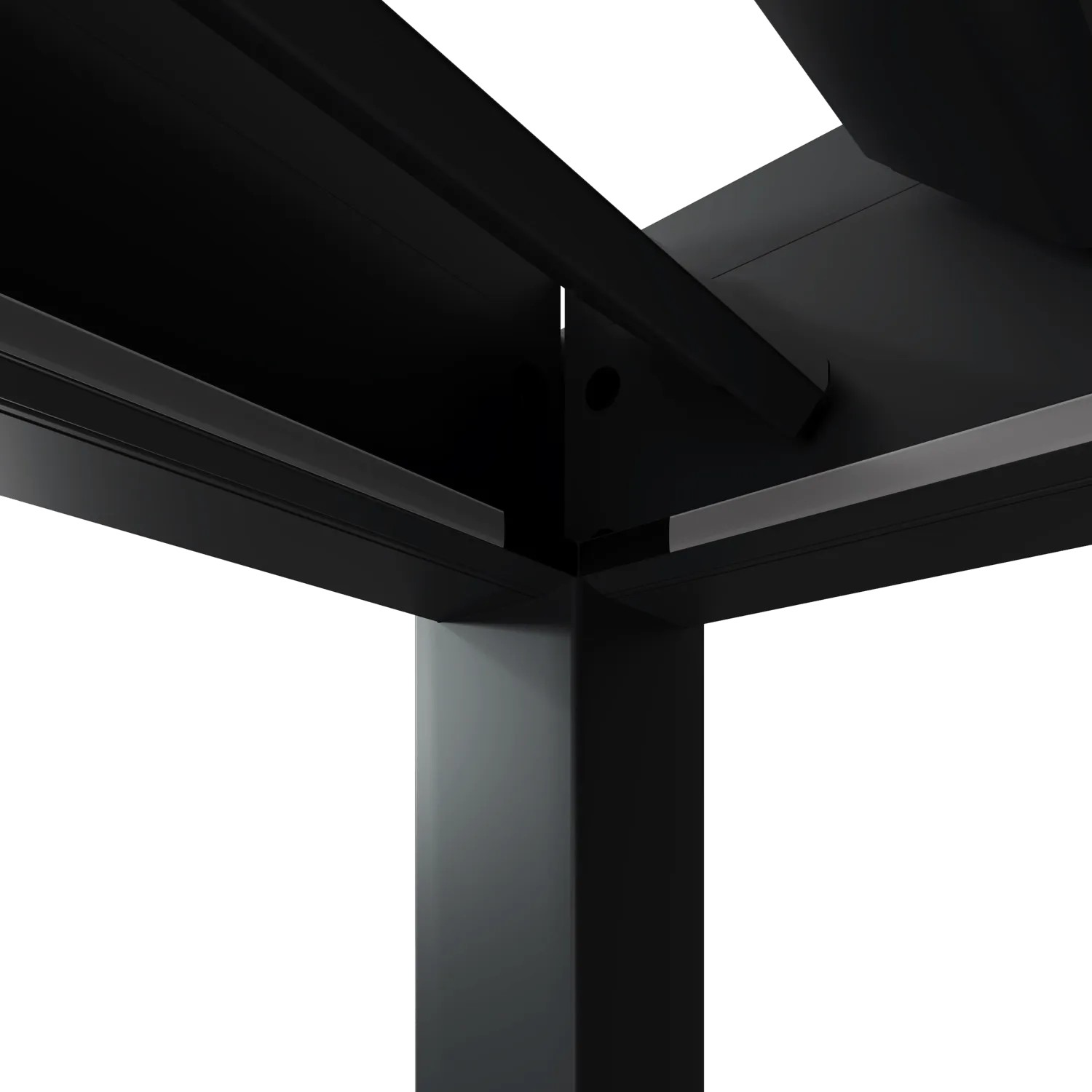 Detail der anthrazitfarbenen Aluminiumstruktur des Weide Deluxe Pavillons. Robuste Pfosten und Träger mit integrierter LED-Beleuchtung.