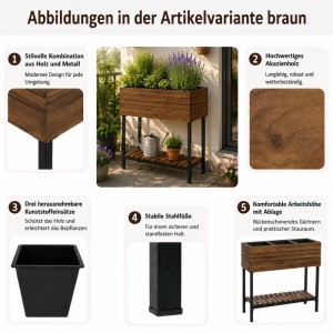 MCW Hochbeet P84 aus braunem Akazienholz mit schwarzem Metallgestell, Ablage und Pflanzen auf Balkon.