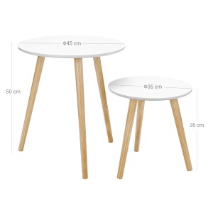 Vasagle Beistelltisch-Set, Eiche-Weiß, mit runden Tischplatten und Kiefernholz-Beinen.