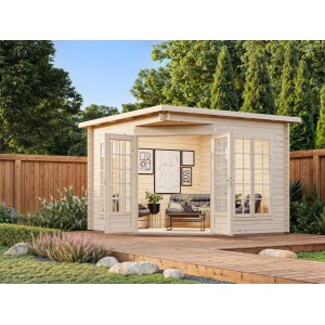 Palmako Pavillon Melanie Low, 280x280 cm, naturbelassen, mit geöffneten Doppeltüren und Fenstern im Garten.