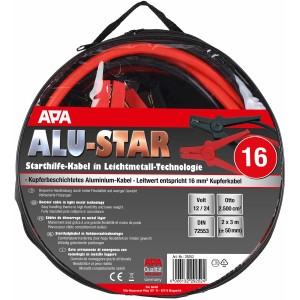 Apa Starthilfekabel Alu-Star, 16 mm², Kupfer/Alu, rot und schwarz im Tragebeutel.