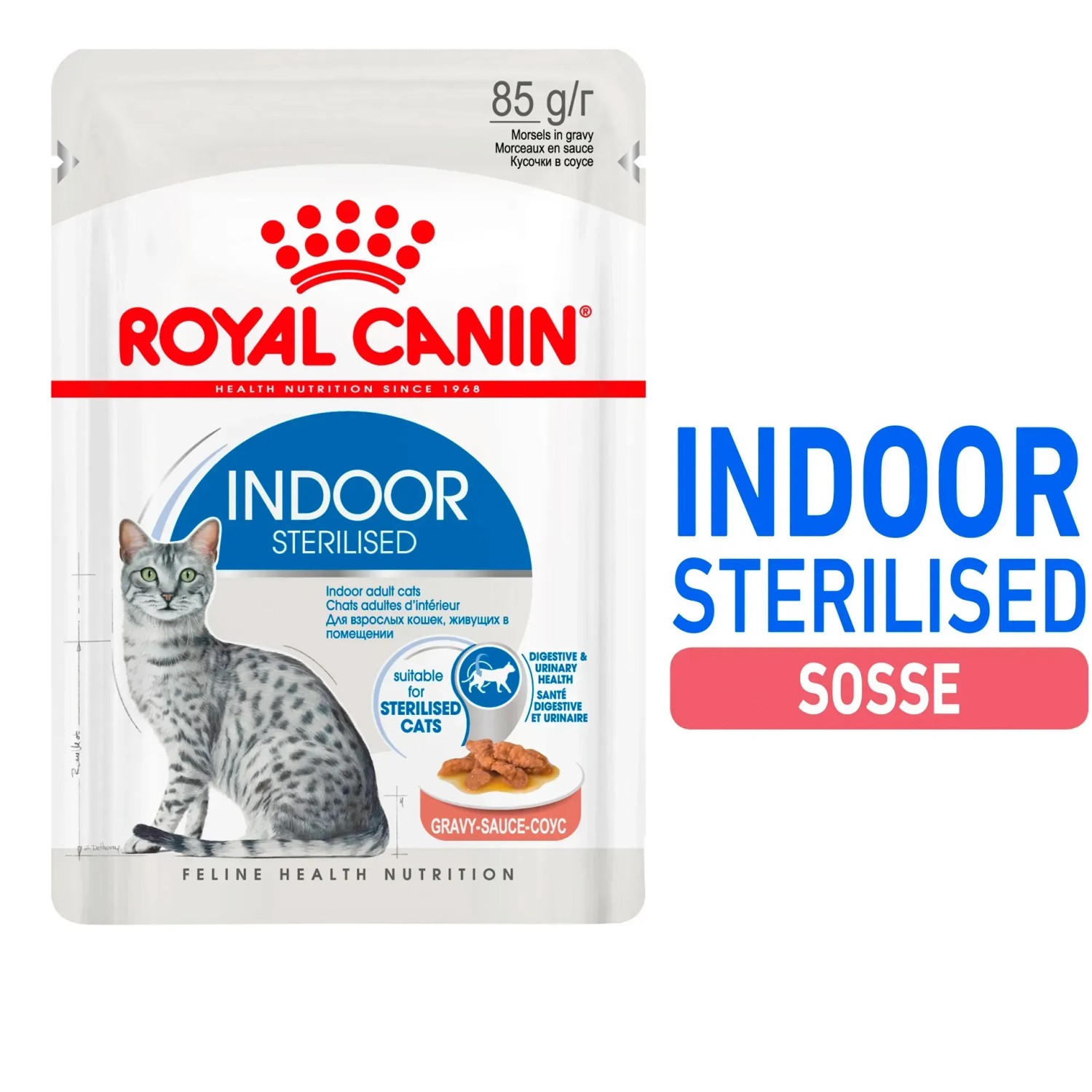 Royal Canin Indoor Sterilised Katzen-Nassfutter in Soße, 85g Portionsbeutel für Wohnungskatzen.