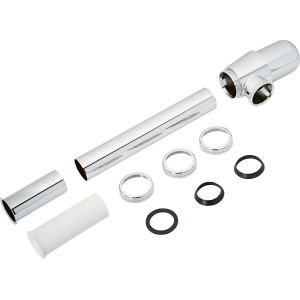 Verchromter Flaschensiphon (32mm) für Waschbecken, bestehend aus mehreren Einzelteilen.