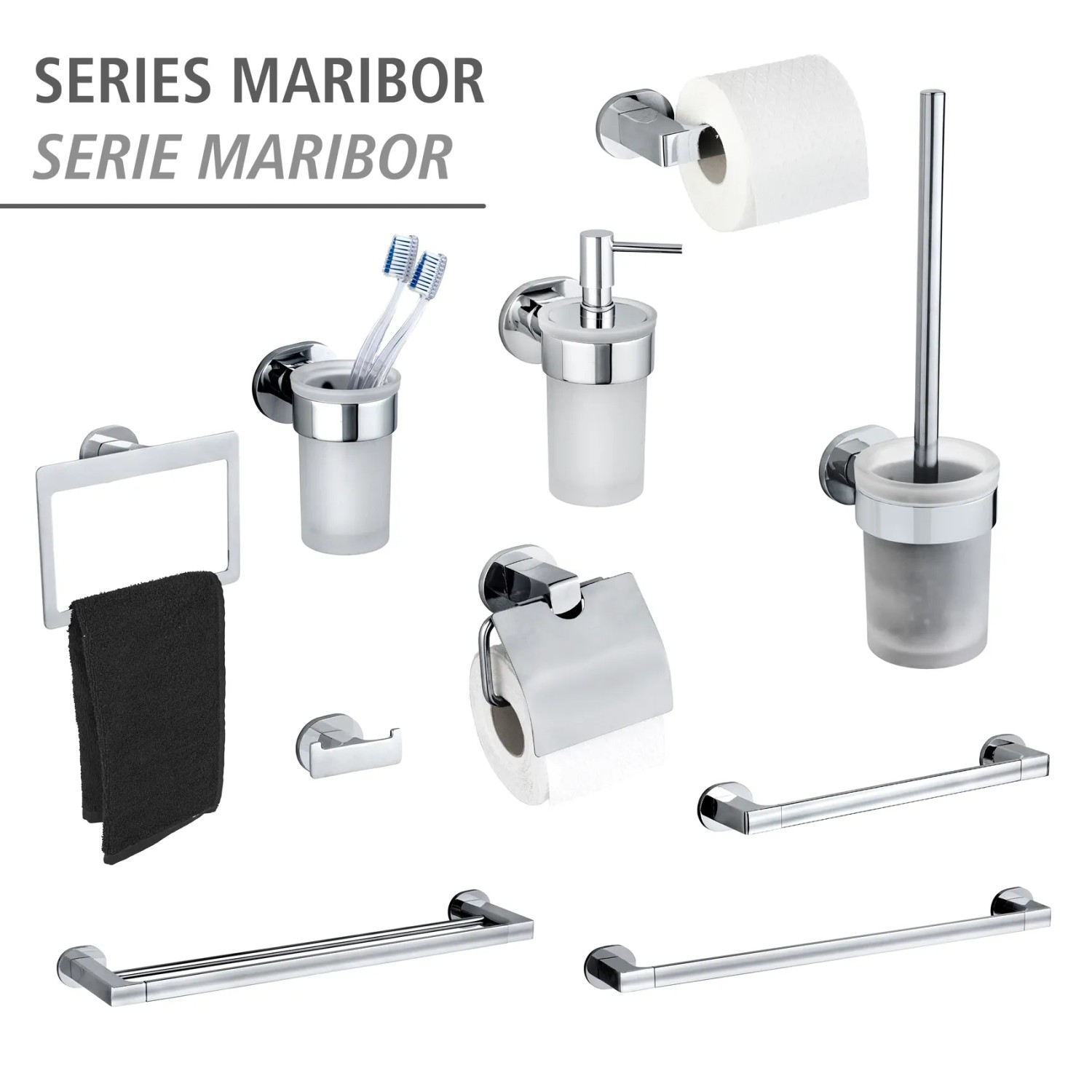 Wenko Bad-Serie Maribor: Handtuchstange, WC-Garnitur, Seifenspender, Papierhalter und mehr in Silber Glänzend.