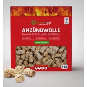 Greenheat Anzündwolle, 5kg Karton. Natürlicher, geruchsneutraler Feueranzünder für Kamin, Grill & Ofen.