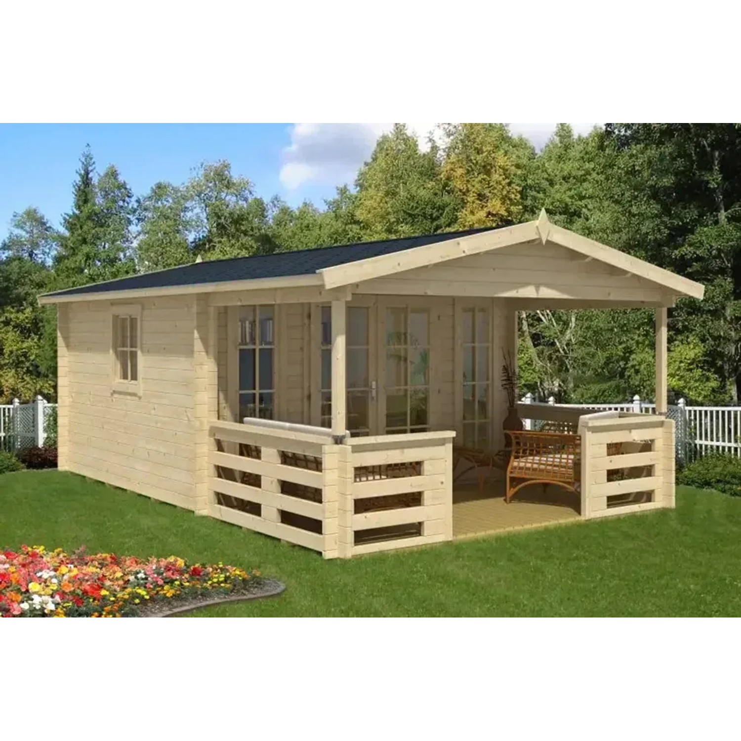 Imprägniertes Alpholz Gartenhaus Lappland-40 mit Satteldach und überdachter Veranda.