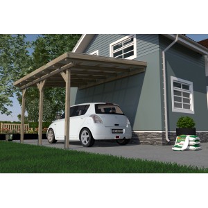 Weka Terrassenüberdachung Holz Größe 3 (424x306cm) mit Auto vor Haus. Holzüberdachung für Terrasse.