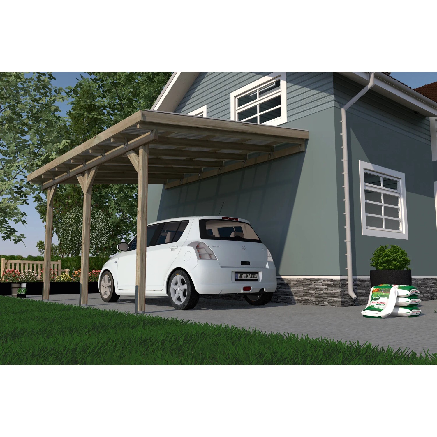Weka Terrassenüberdachung Holz Größe 3 (424x306cm) mit Auto vor Haus. Holzüberdachung für Terrasse.