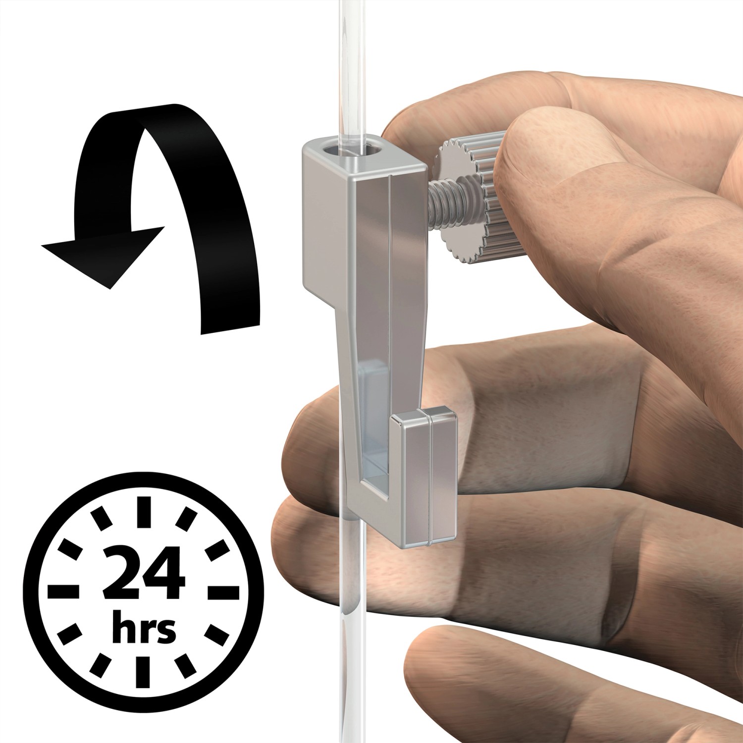 Artiteq Click Rail: Detailansicht des Bildaufhängers mit Perlonschnur und Justierschraube.