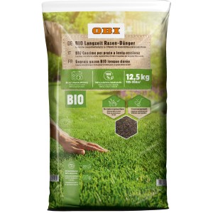 Sack OBI Bio Langzeit-Rasendünger 12,5 kg für dichten, grünen Rasen.