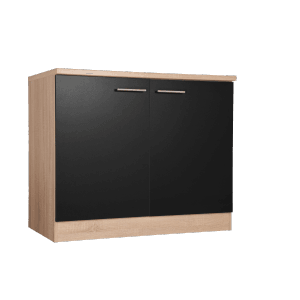 Respekta Spülenunterschrank Merle, 100 cm, Schwarz mit Arbeitsplatte in Holzoptik.