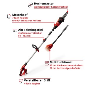 Einhell Akku-Hochentaster & Heckenschere Set: Hochentaster mit Kettensäge und Heckenscheren-Aufsatz.