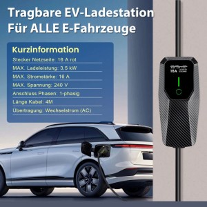 Schwarzes, tragbares Junsun Typ 2 EV-Ladegerät mit 16A Anzeige, angeschlossen an ein weißes E-Auto zum Laden.