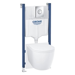 Grohe Solido Compact Wand-WC-Set mit blauem Montagerahmen, weißem Spülkasten und Chrom-Betätigungsplatte.