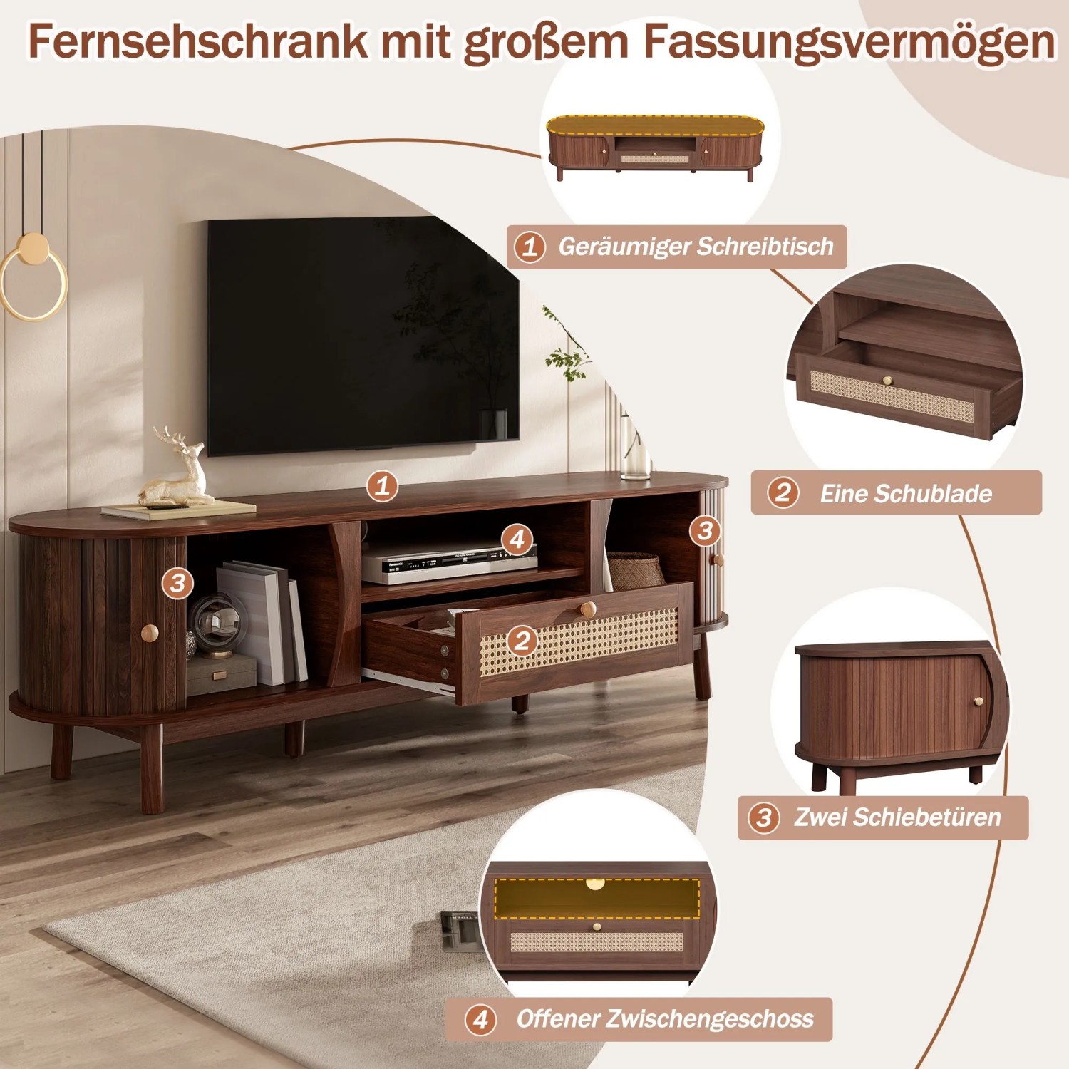 okwish TV Schrank mit Türen Schubladen Rattan Massivholz Stauraum 165x37x46cm Braun_8