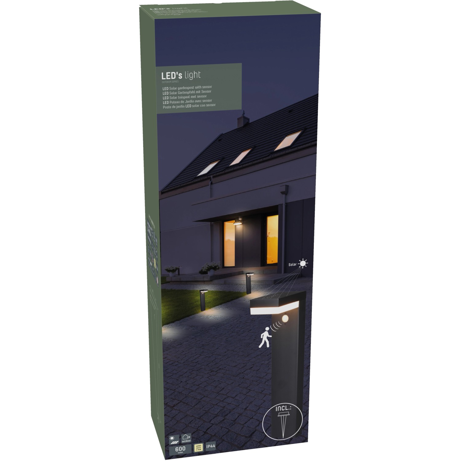Verpackung der schwarzen Solar-Wegeleuchte Gšteborg mit Sensor und 600 Lumen Lichtstärke.